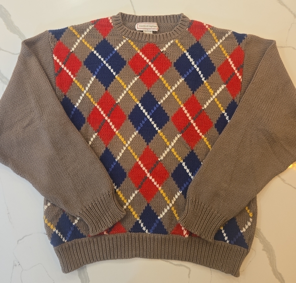 Vintage Mens 100% Cotton Diamond Plaid Argyle Crewneck Sweater Large Brown